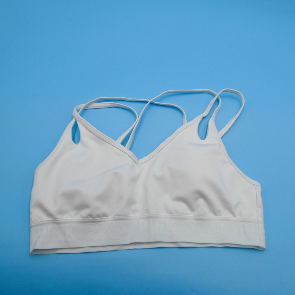 PINK Active Sports Bra Womens Small Ultimate Lightly Lined White Strappy Back‎